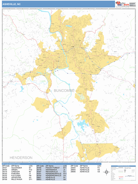 Asheville Zip Code Map Asheville North Carolina Zip Code Wall Map Basic Style By Marketmaps Mapsales