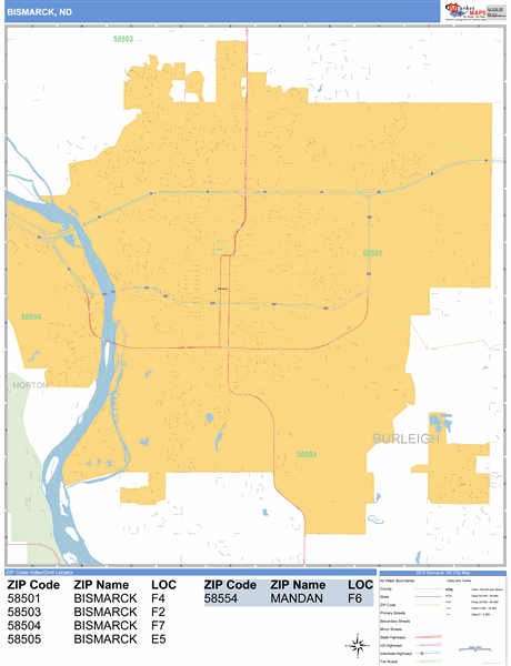 Bismarck Nd Zip Code Map Bismarck North Dakota Zip Code Wall Map (Basic Style) By Marketmaps -  Mapsales
