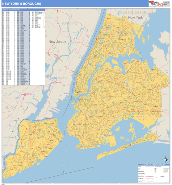 New York 5 Boroughs New York Zip Code Wall Map (Basic Style) by MarketMAPS