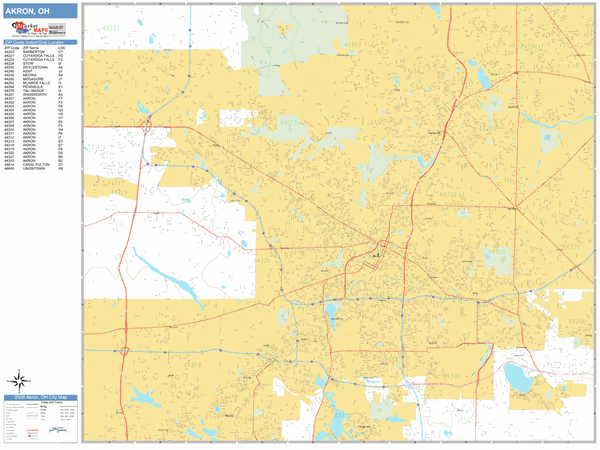 Akron Ohio Zip Code Wall Map (Basic Style) by MarketMAPS