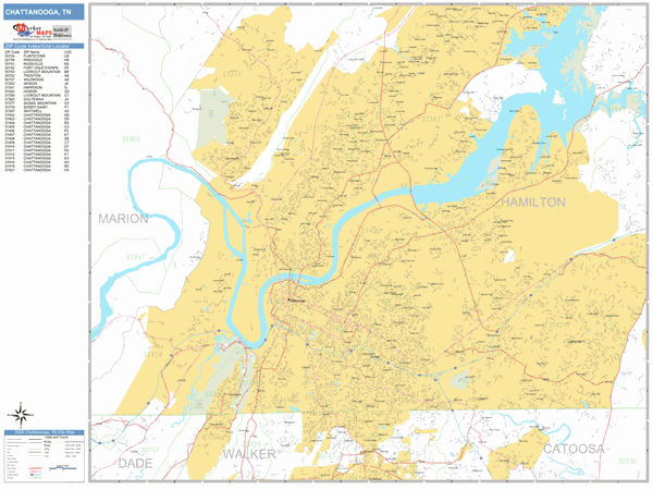 Chattanooga Zip Code Downtown Chattanooga Tennessee Zip Code Wall Map Basic Style By Marketmaps Mapsales