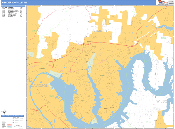 Hendersonville Tennessee Zip Code Wall Map (Basic Style) by MarketMAPS