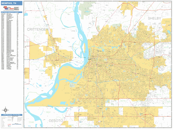Memphis Tennessee Zip Code Wall Map (Basic Style) by MarketMAPS