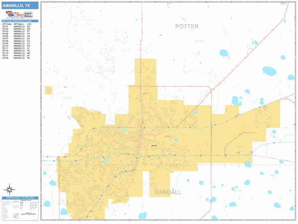 Amarillo Texas Zip Code Wall Map Basic Style By Marketmaps