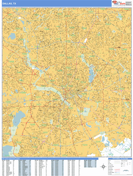 Dallas Texas Zip Code Wall Map (Basic Style) by MarketMAPS