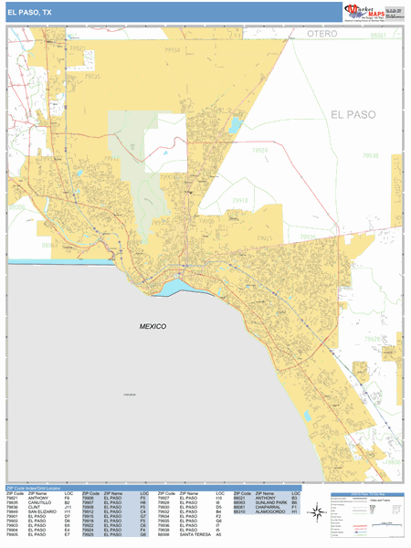 El Paso Texas Zip Code Wall Map (Basic Style) by MarketMAPS