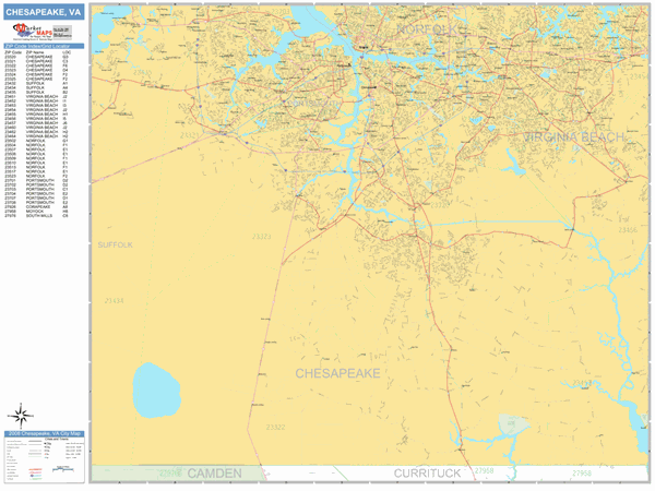 Chesapeake Virginia Zip Code Wall Map (Basic Style) by MarketMAPS
