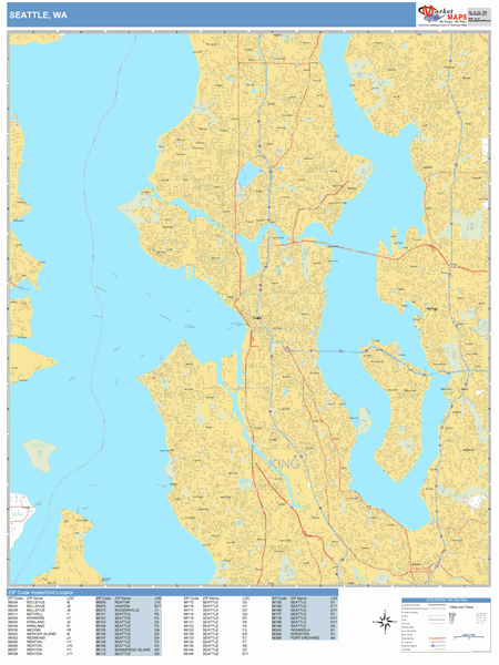 Seattle Washington Zip Code Wall Map (Basic Style) by MarketMAPS