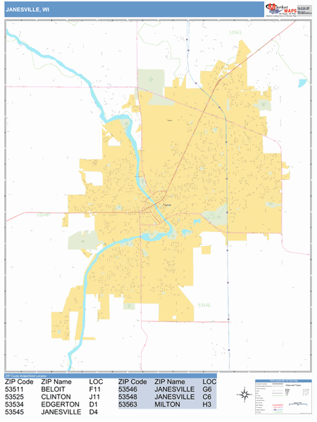 Janesville Wi Zip Code Map Janesville Wisconsin Zip Code Wall Map (Basic Style) By Marketmaps -  Mapsales