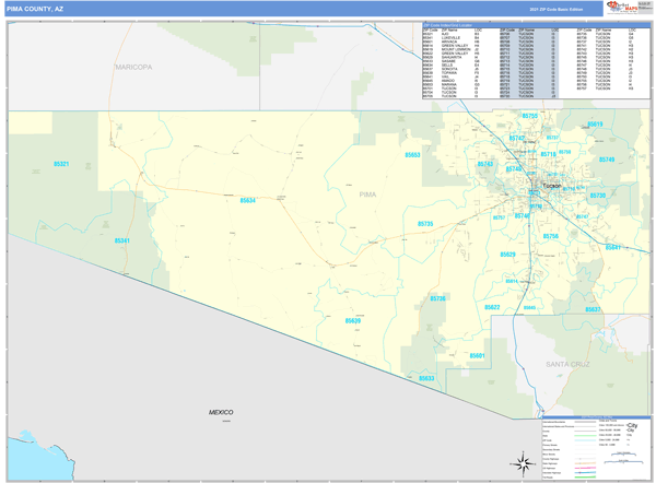 Pima County Zip Code Map Pima County, Az Zip Code Wall Map Basic Style By Marketmaps - Mapsales