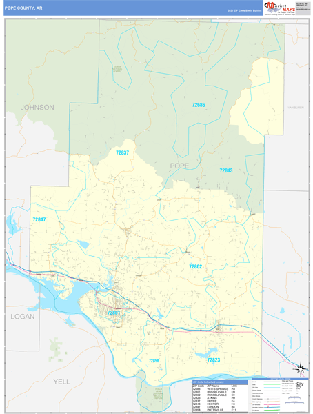 Pope County, AR Zip Code Wall Map Basic Style by MarketMAPS