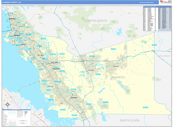 Alameda County, CA Zip Code Wall Map Basic Style by MarketMAPS