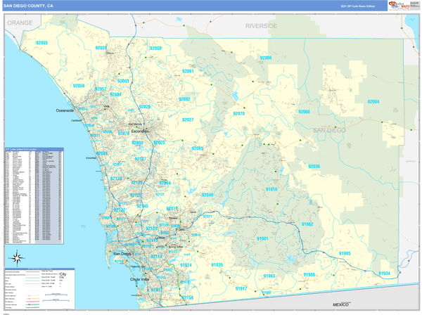 San Diego County, CA Zip Code Wall Map Basic Style by MarketMAPS