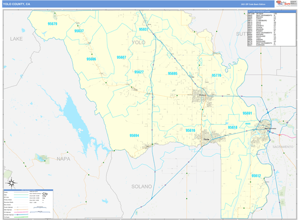 Yolo County, CA Zip Code Wall Map Basic Style by MarketMAPS