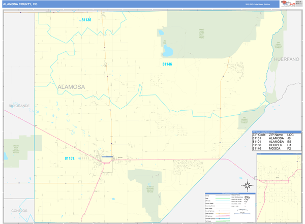 Alamosa County, CO Zip Code Wall Map Basic Style by MarketMAPS