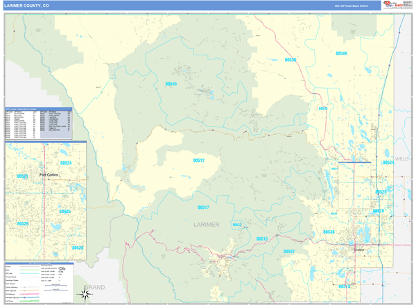 Larimer County, CO Zip Code Wall Map Basic Style by MarketMAPS