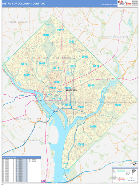 District of Columbia County, DC Zip Code Wall Map Basic Style by MarketMAPS