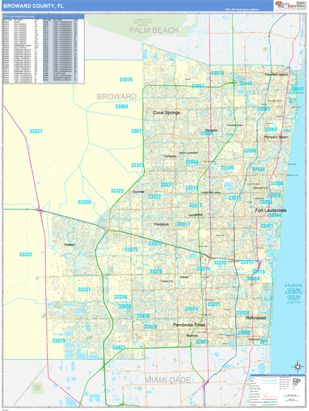 Broward County, FL Zip Code Wall Map Basic Style by MarketMAPS