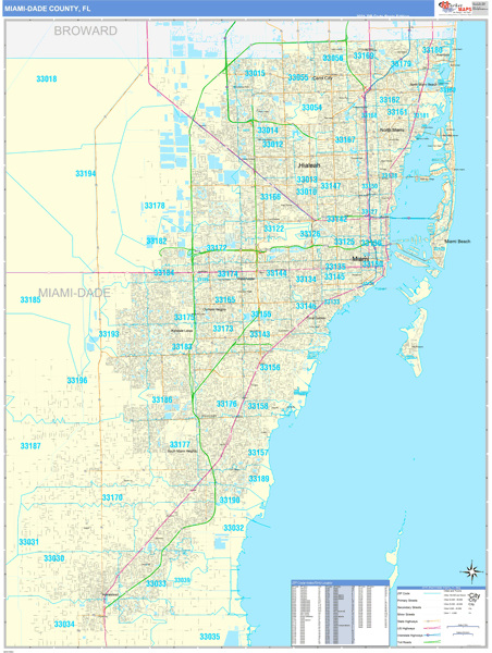 miami-dade county, fl zip code wall map basic style