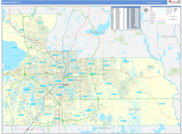 Orange County, FL Zip Code Wall Map Basic Style by MarketMAPS