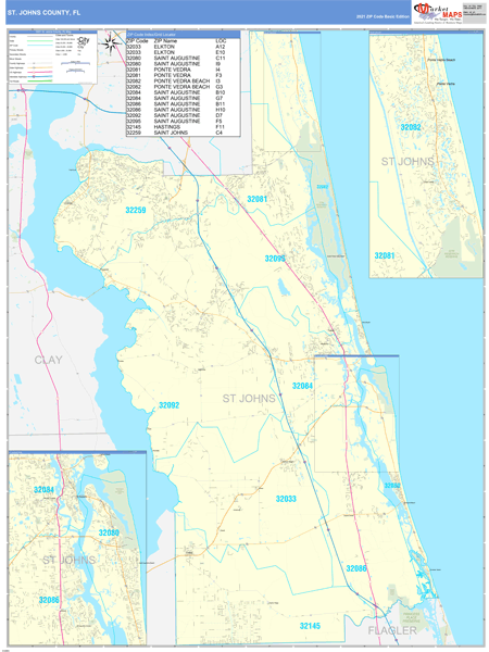 St Johns County Zip Code Map St. Johns County, Fl Zip Code Wall Map Basic Style By Marketmaps - Mapsales