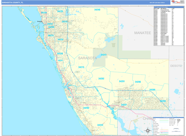 Sarasota County, FL Zip Code Wall Map Basic Style by MarketMAPS