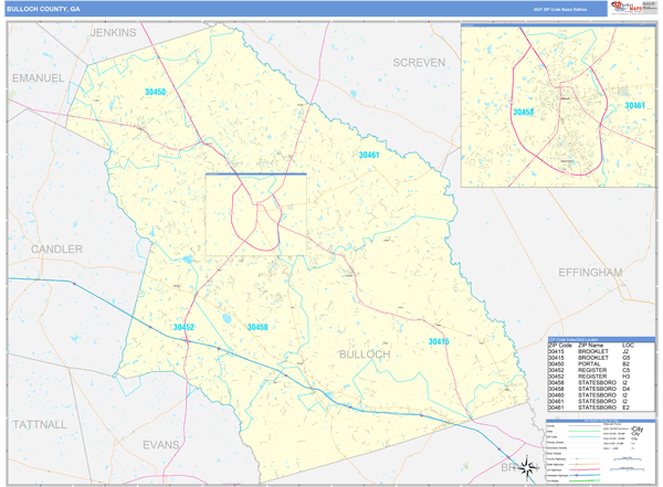 Bulloch County, GA Wall Map Basic Style by MarketMAPS
