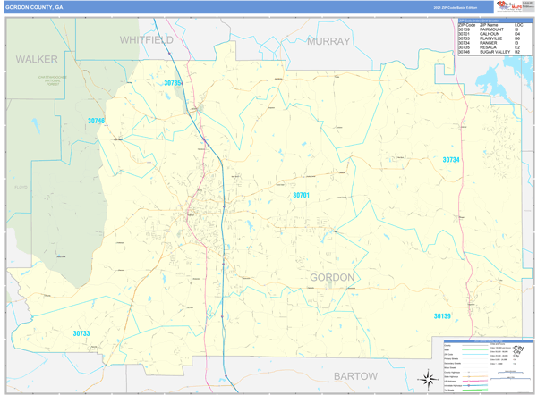 Gordon County, GA Zip Code Wall Map Basic Style by MarketMAPS