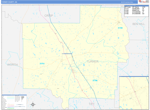 Turner County, GA Zip Code Wall Map Basic Style by MarketMAPS