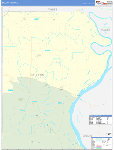 Gallatin County, IL Zip Code Wall Map Basic Style by MarketMAPS