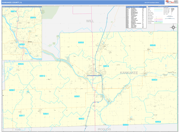 Kankakee County, IL Wall Map Basic Style by MarketMAPS