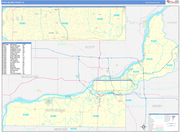 Rock Island County, IL Zip Code Wall Map Basic Style by MarketMAPS