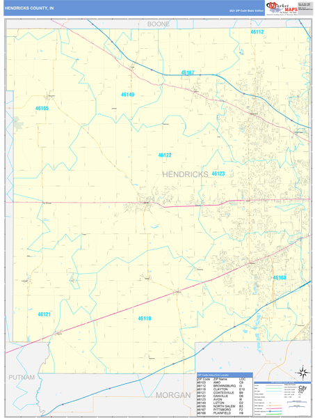 Hendricks County, IN Zip Code Wall Map Basic Style by MarketMAPS