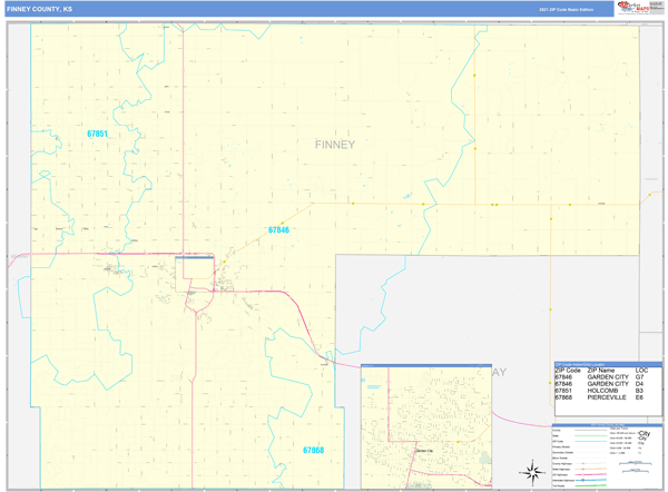 Finney County Ks Zip Code Wall Map Basic Style By Marketmaps
