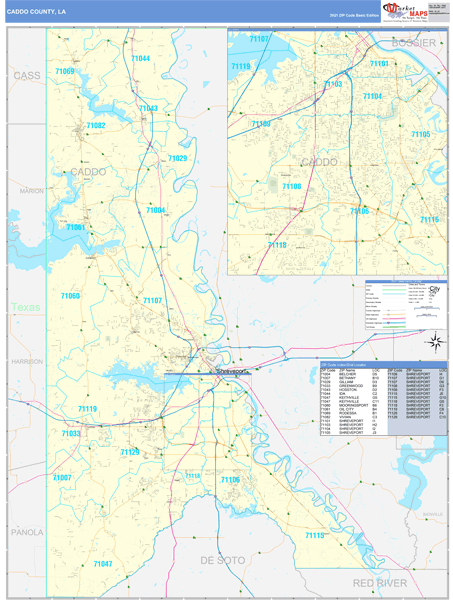 Caddo County, LA Zip Code Wall Map Basic Style by MarketMAPS