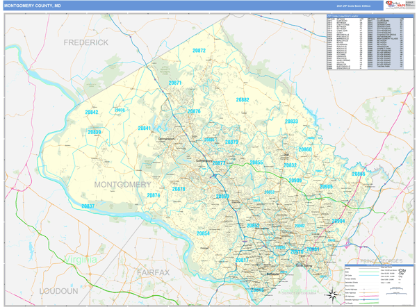 Montgomery County Md Zip Code Wall Map Basic Style By Marketmaps