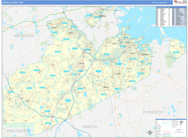 Norfolk County Ma Carrier Route Wall Map Basic Style By Marketmaps
