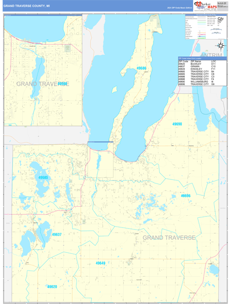 Traverse City Zip Code Map Grand Traverse County, Mi Zip Code Wall Map Basic Style By Marketmaps -  Mapsales