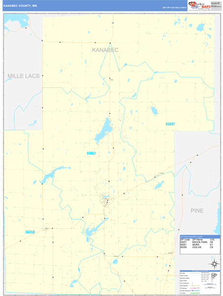Kanabec County, MN Wall Map Basic Style by MarketMAPS