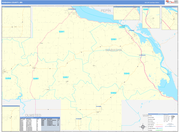 Wabasha County, MN Zip Code Wall Map Basic Style by MarketMAPS