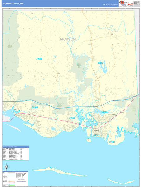 Jackson County Ms Mapping Jackson County Ms Zip Code Wall Map Basic Style By Marketmaps Mapsales