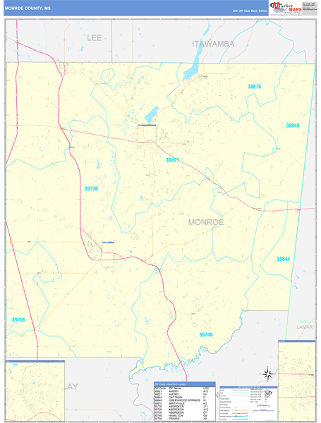 Monroe County, MS Zip Code Wall Map Basic Style by MarketMAPS
