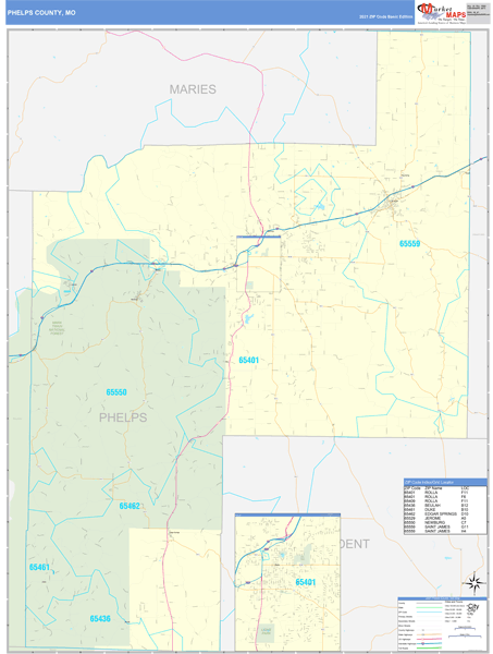 Phelps County, MO Zip Code Wall Map Basic Style by MarketMAPS