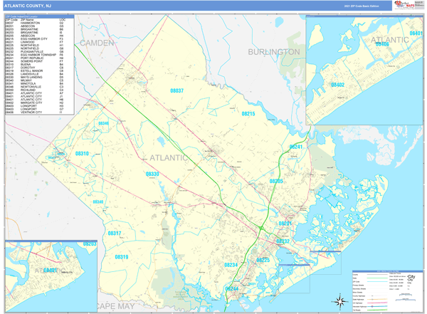 Atlantic County, NJ Zip Code Wall Map Basic Style by MarketMAPS