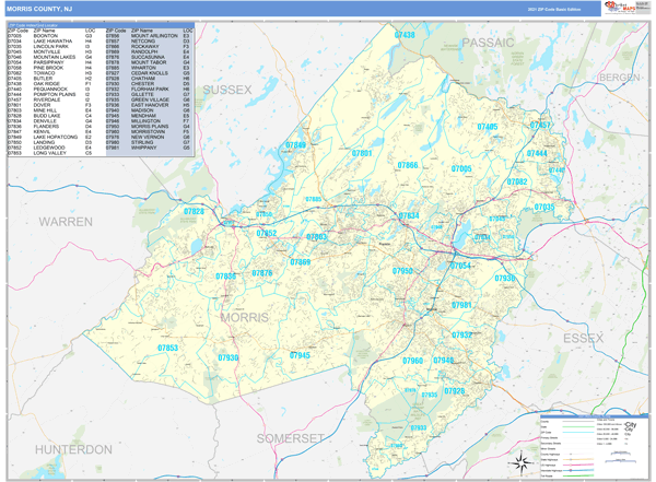 Morris County, NJ Zip Code Wall Map Basic Style by MarketMAPS