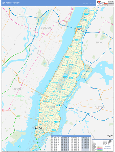 New York County, NY Zip Code Wall Map Basic Style by MarketMAPS