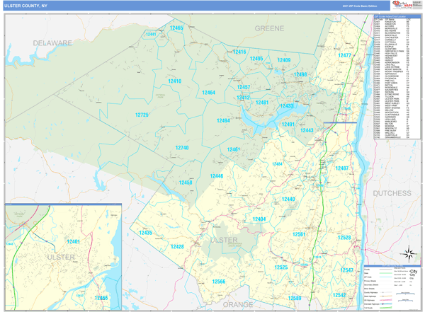 Ulster County, NY Zip Code Wall Map Basic Style by MarketMAPS