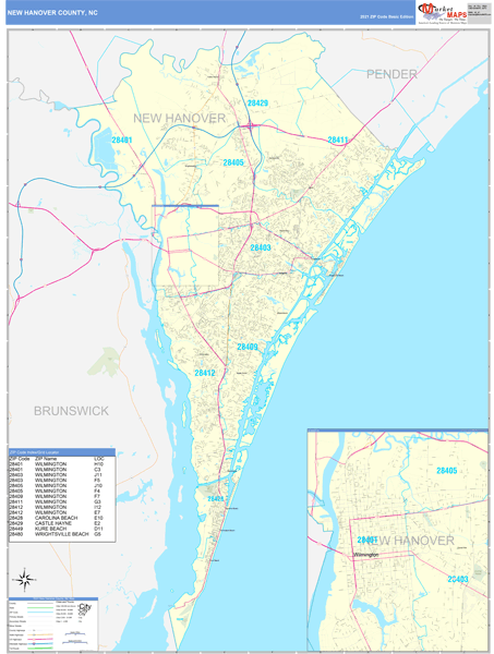 New Hanover County, NC Zip Code Wall Map Basic Style by MarketMAPS