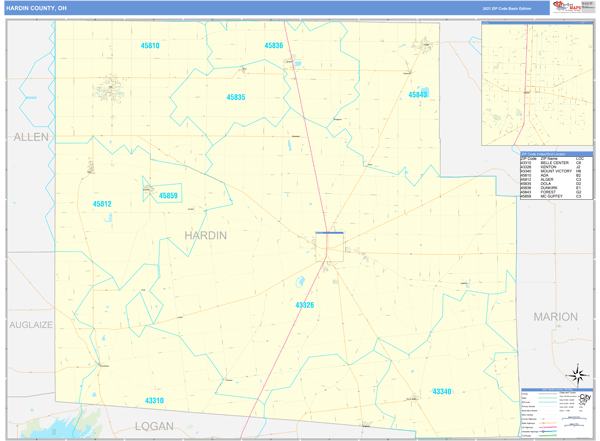 Hardin County, OH Zip Code Wall Map Basic Style by MarketMAPS