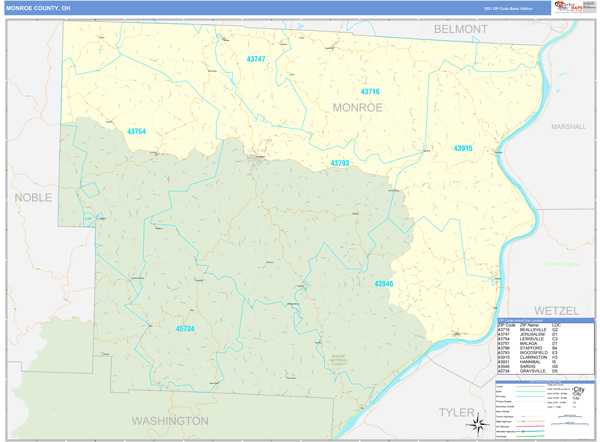 Monroe County, OH Zip Code Wall Map Basic Style by MarketMAPS